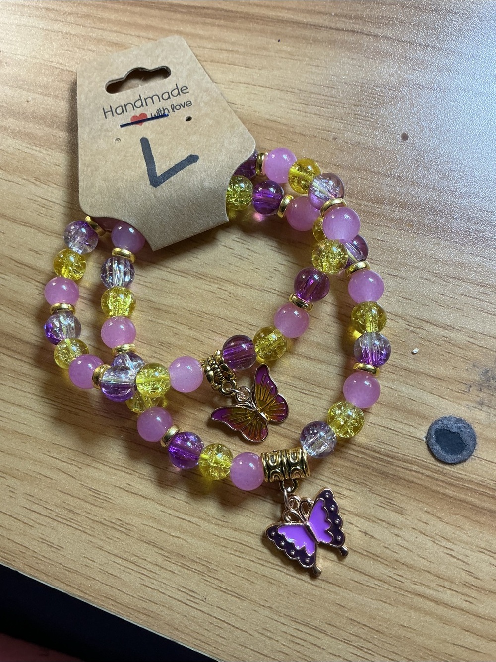 Handmade Pink & Yellow Butterfly Beaded Bracelet Set